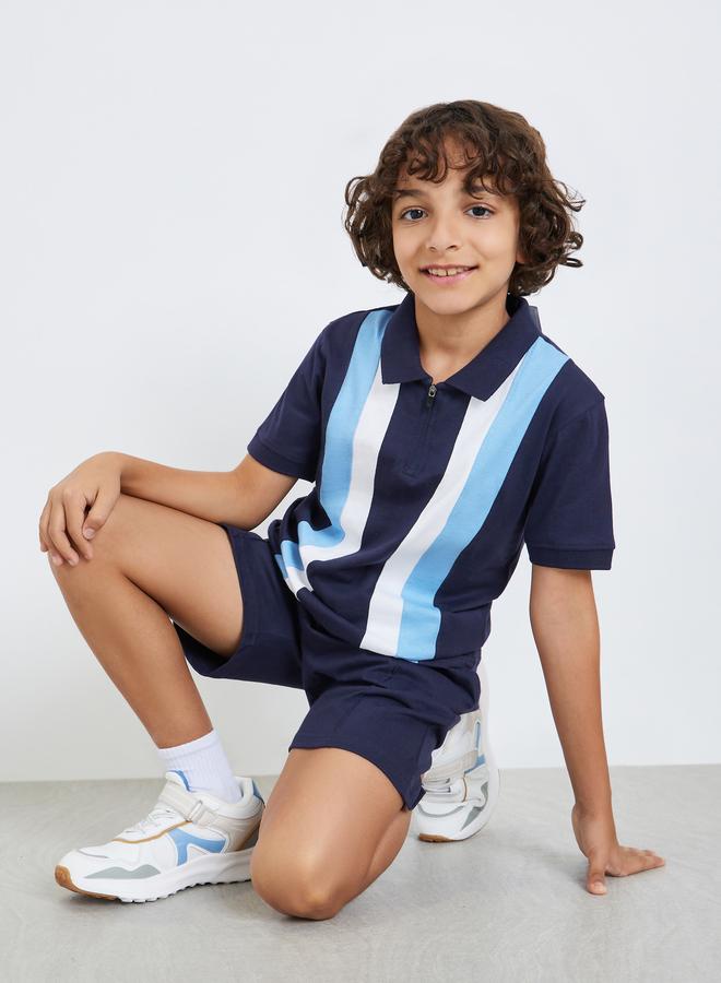 Styli Boys Navy Color Block Polo T-Shirt and Shorts Set - Image 1